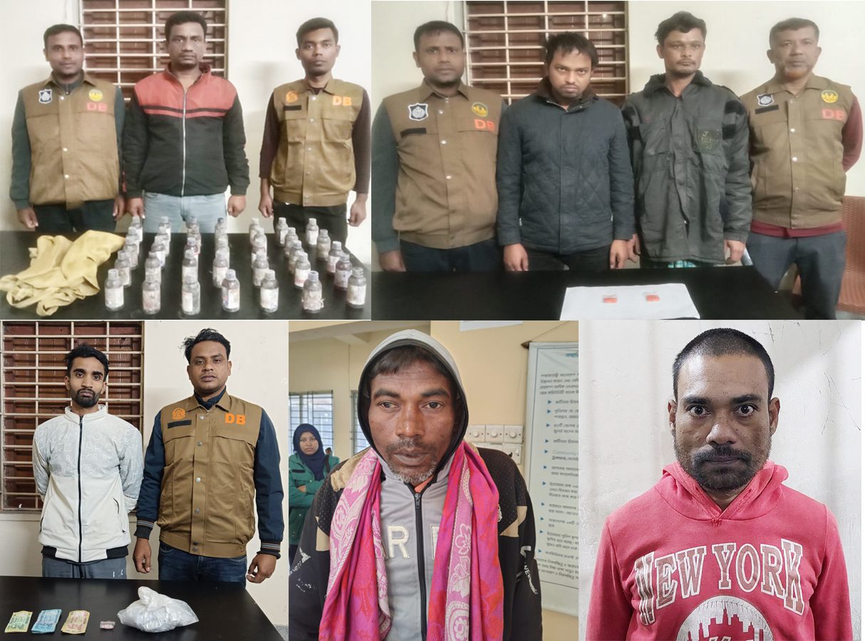 রাজশাহীতে ডিবি ও থানা পুলিশের অভিযানে ৬ মাদক কারবারি গ্রেপ্তার: ইয়াবা, গাঁজা ও কোডিন সিরাপ উদ্ধার